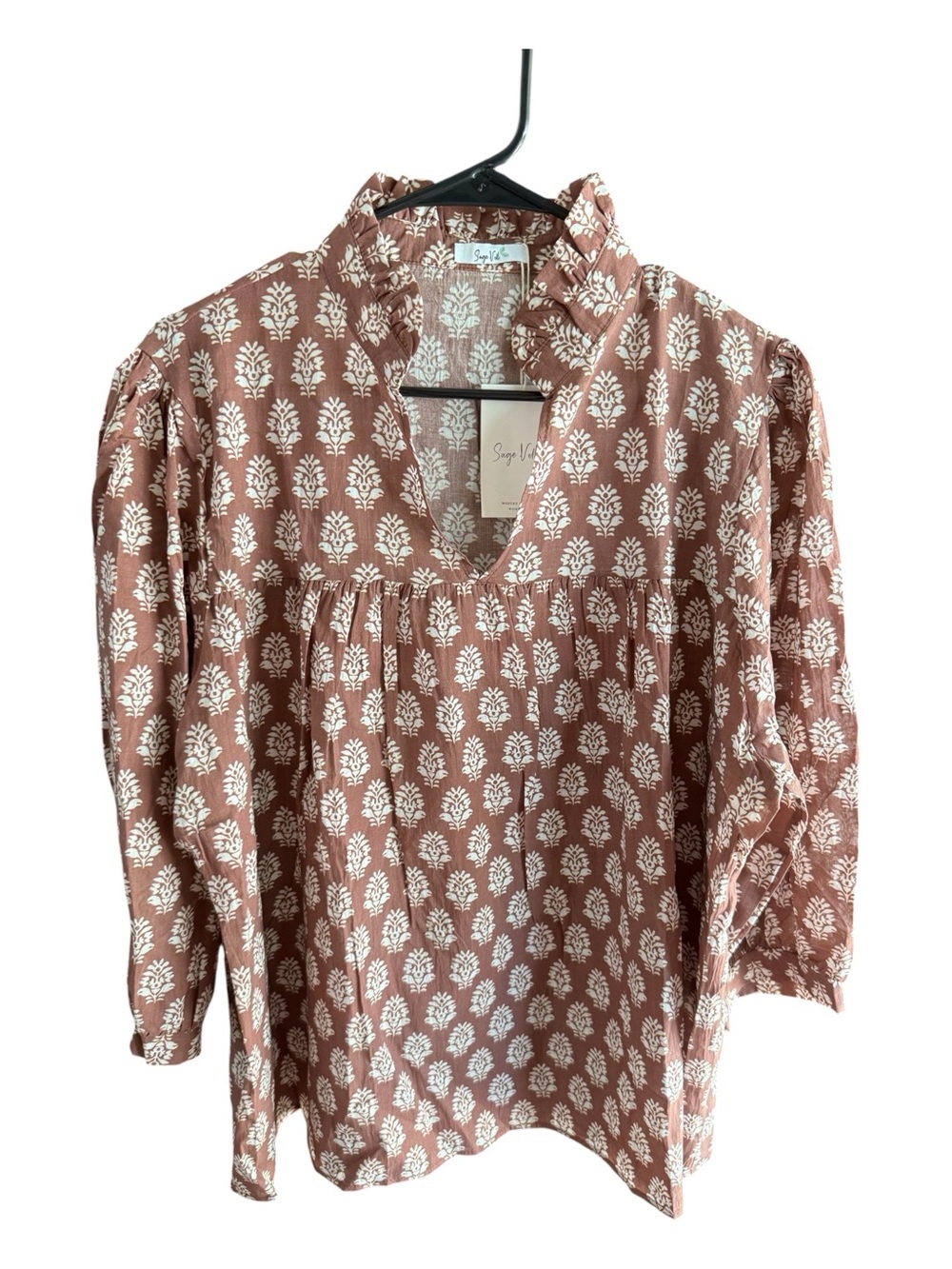 Brown and White Floral Ruffled V-Neck Blouse with 3/4 puff sleeves by Sage Vell